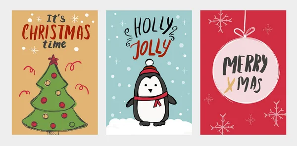 Set Weihnachtskarten mit handgezeichneten Elementen — Stockvektor