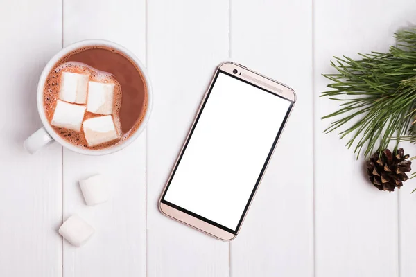 Макет телефону з білим екраном на білому столі — стокове фото