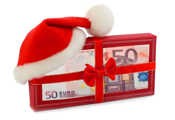 Julklapp Santa Hatt Eurosedlar Europeiska Pengar Sedlar Isolerad Vit — Stockfoto