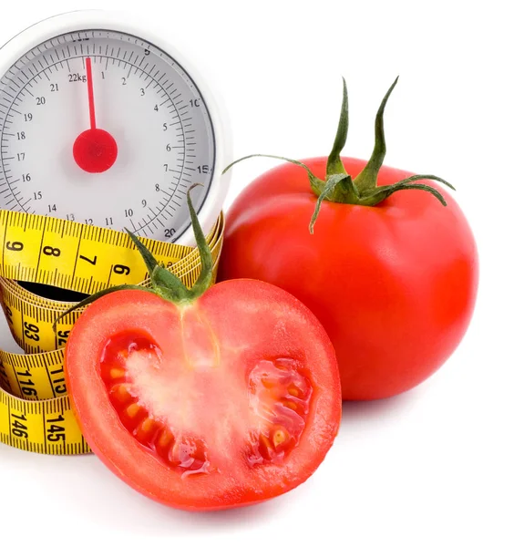 Tomatoes Whole Half Measuring Tape Isolated White Background — Stock Photo, Image