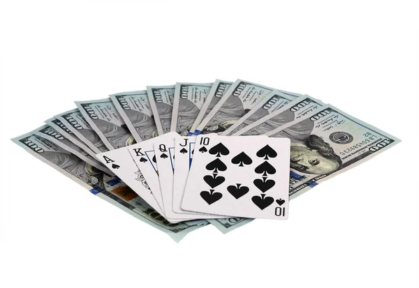 Cartas Jogo Casino Online Cem Notas Dólar Isoladas Branco Visão — Fotografia de Stock