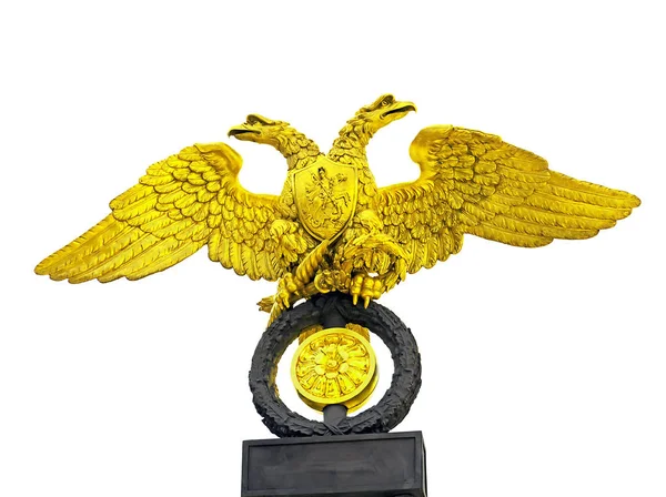 Золота Статуя Орла Двома Головами Ізольована Білому Тлі — стокове фото
