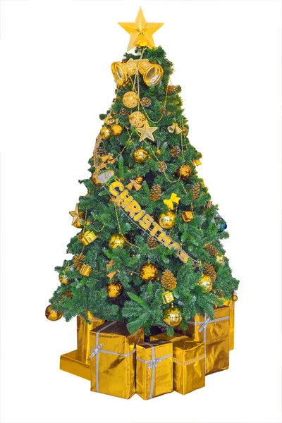 Árbol Decoración Navidad Regalos Estrella Oro Aislados Navidad Feliz Año —  Fotos de Stock