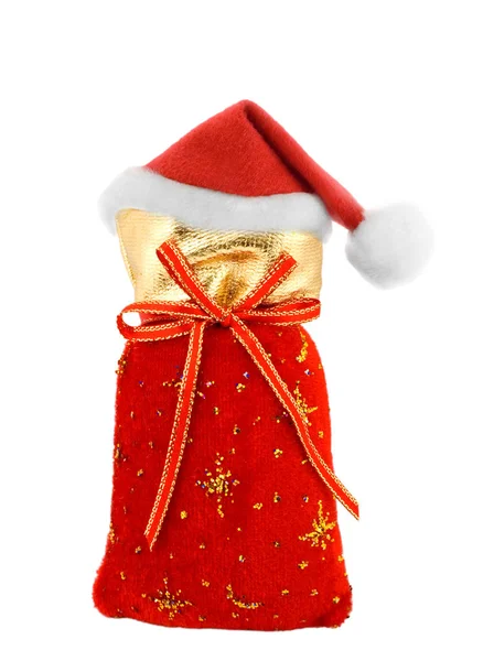 Chapeau Claus Rouge Sur Cadeaux Santa Bag Broderie Joyeux Noël — Photo