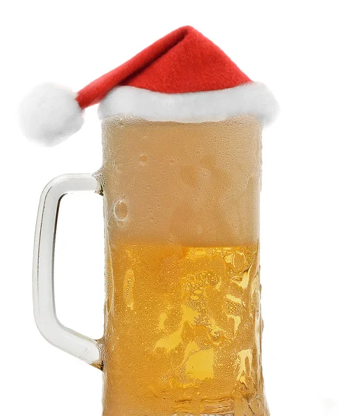 Cappello Claus Rosso Sulla Festa Schiuma Birra Tazza Buon Natale — Foto Stock