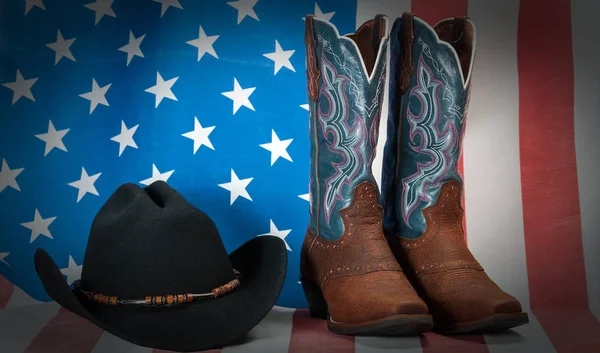 Chapéu Bandeira Americana Botas Couro Cowboy Fundo Vintage Ocidental — Fotografia de Stock