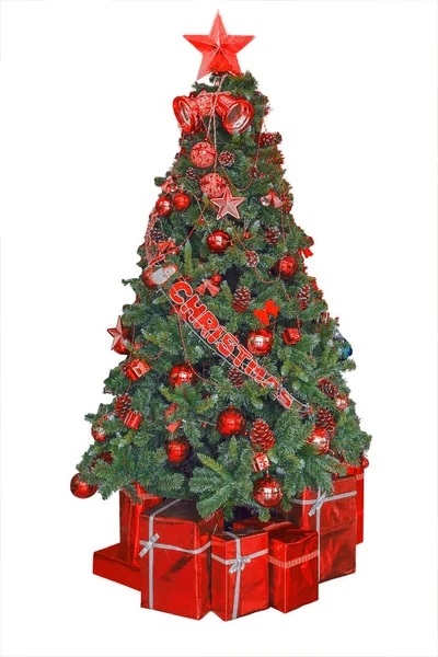 Prezenty Świąteczne Dekoracje Drzewa Czerwony Białym Tle Świąt Bożego Narodzenia — Zdjęcie stockowe