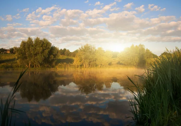 Sonnenuntergang Frühling Fluss Reflexion Wolken Landschaft Natur Hintergrund — Stockfoto