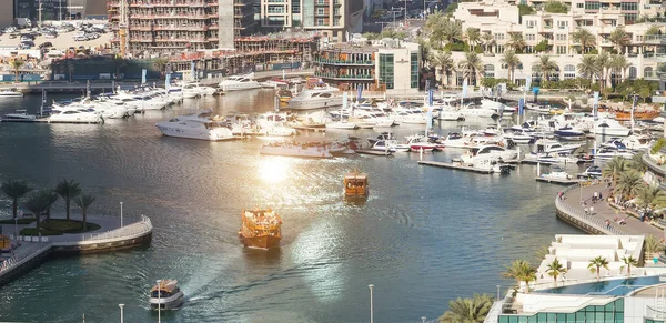 Панорамний Вид Хмарочосів Hotel Води Пристань Dubai Marina Сходом Сонця — стокове фото