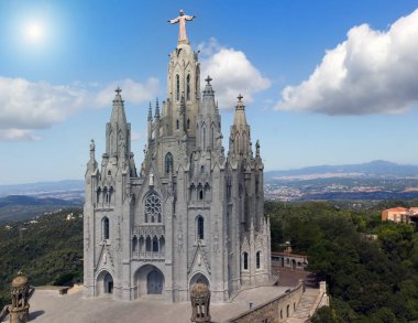 Temple de Sagrat Cor and Torre de les Aigues, Tibidabo, Barcelona Travel, Tourism, vacation concept background.