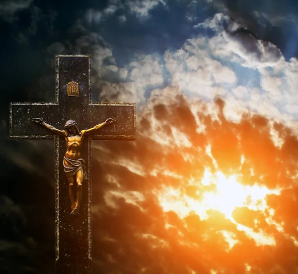 Jesus Christ Silhouette Cross Sunset Background — Stock Photo, Image