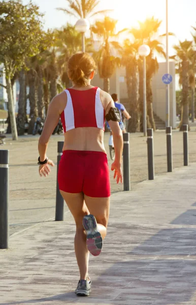 ランナーの脚の女性の人生の歩みのスポーツ 通り市都市景観上春シーンで実行 — ストック写真