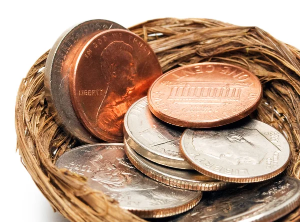 Concept Coins Nest Basket Isolated White Background Stock Photo