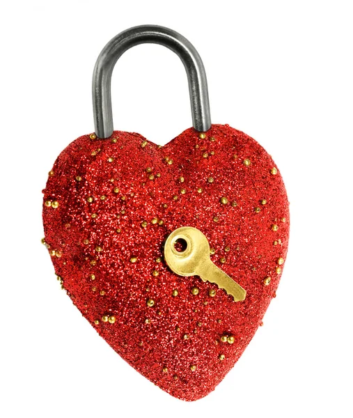 Red heart padlock shaped lock padlock and gold key top view shot — Stock Photo, Image