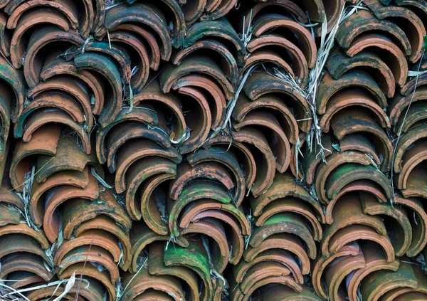 黏土红色老屋顶瓦片陶瓷苔藓背景 — 图库照片