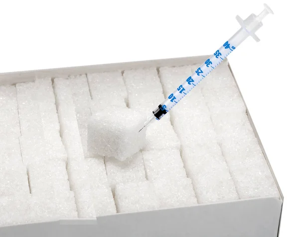 Сахарный Диабет Инъекции Инсулина Шприцы Кубический Сахар Коробке Изолированы Белом — стоковое фото
