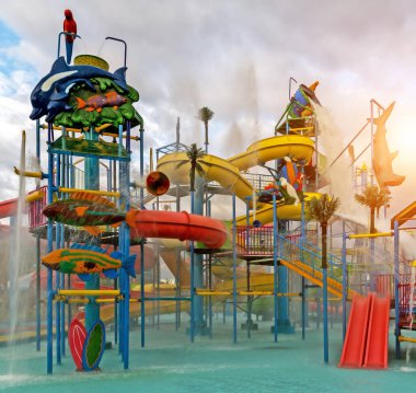 Sliders in the water park, pipe attraction spray aquapark.