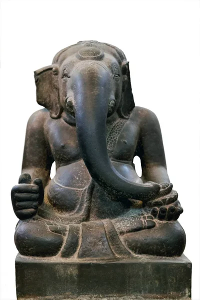Oude Sculptuur Stenen Ganesha Standbeeld Geïsoleerd Witte Achtergrond — Stockfoto