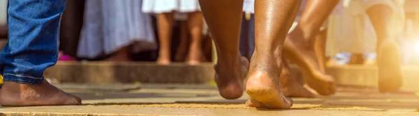 Feet Female Legs Jeans Man Denim Walking Road Sunrise Sunset — Stock Fotó