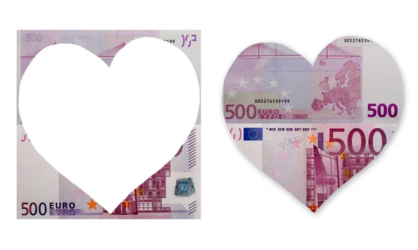 Heart Five Hundred Euro Banknote Set White Background — Stock Photo, Image