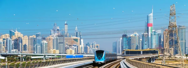 Síť Metra Linie Jednokolejné Vlak Metra Automatické Panorama Dubaje — Stock fotografie