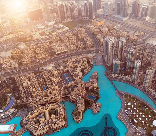 The Dubai Shopping Mall top view, Grove Musical Fountain artificial lake, Aerial view of downtown hotel, famous The Dubai Mall, United Arab Emirates (UAE).