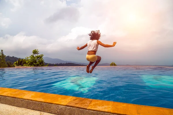 Young Asian Girl Girl Swimsuit Jumping Swimming Pool Blue Water — Stock Photo, Image