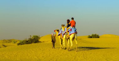 Turistik deve safari kumullar çöl üzerinde sürmek. Çöl dunes Birleşik Arap Emirlikleri, Dubai kum