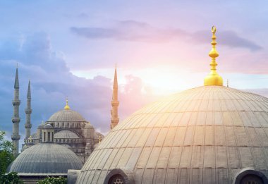Camii Sultanahmet, Aya Sophia Katedrali günbatımı Müzesi Katedrali Bizans dış mimari din landmark Istanbul Türkiye, mavi.