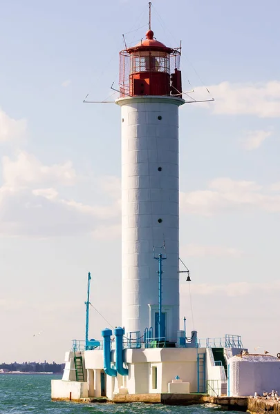 Vorontsov Lighthouse Red Whit Signal Light Lighthouse Blue Seascape Horizon — Stock Photo, Image