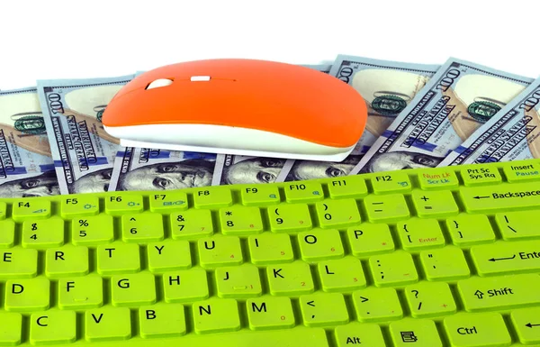 Turuncu bilgisayar fare yeşil düğme anahtar bize dolar faturaları — Stok fotoğraf