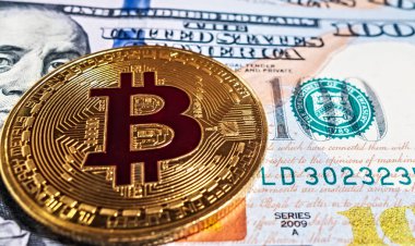 Altın bitcoin sikke yüz dolar banknotlar.