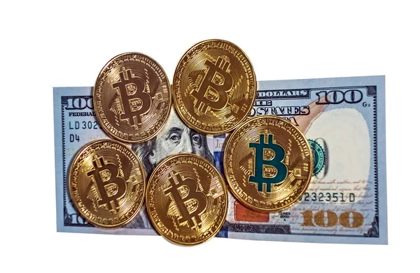 Złoto Bitcoin Coin dolara rachunki USD izolowane na białym rynek — Zdjęcie stockowe