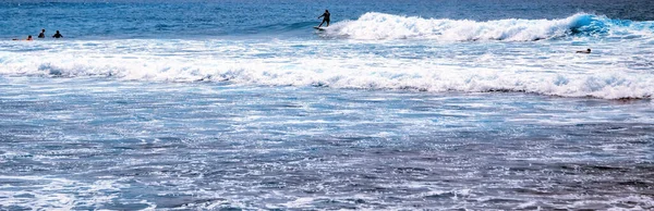 surfing in the ocean, male surfer cruising along a huge wave. Riding a Wave.