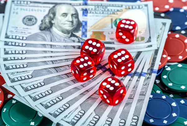 Cazino Dice Billete Cien Dólares Casino Chip Table Fondo — Foto de Stock