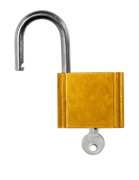 Chiave Golden Lock Sbloccata Isolata Sfondo Bianco — Foto Stock