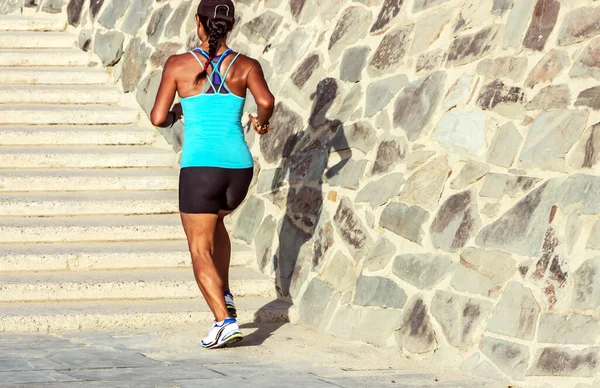 Sport Woman Runner Running Summer Day Stairs City Street — Stock Photo, Image