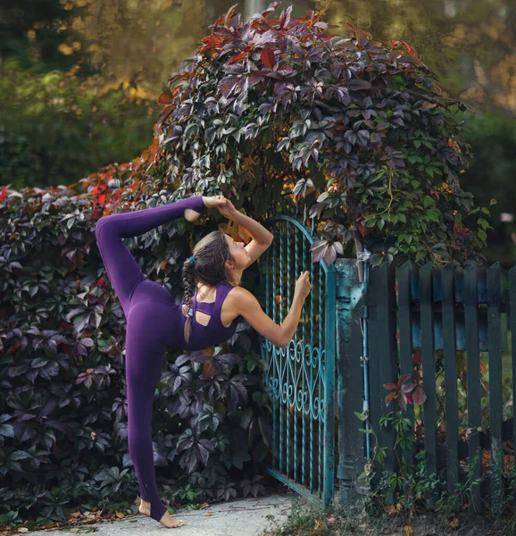 Mooie Vrouw Doet Yoga Herfsttuin Rechtenvrije Stockfoto's