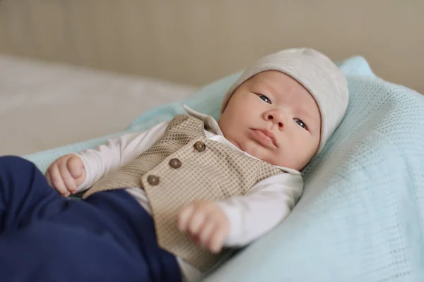 Newborn Tiny Gentleman Wearing Little Shirt Vest — Stock Photo, Image