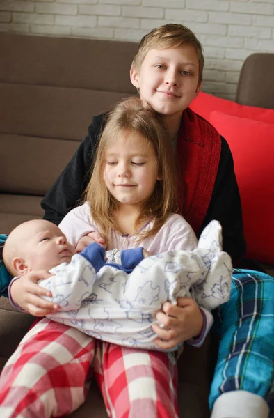 Big Brother Sister Playing Baby Brother Home — Stock Photo, Image