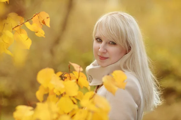 在阳光明媚的秋日美丽微笑着的金发女孩 — 图库照片