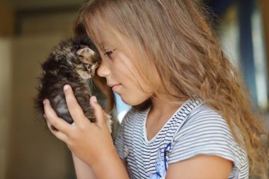 Mutlu sevimli küçük kız evde bir kedi ile oynarken