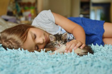 Mutlu sevimli küçük kız evde bir kedi yavrusu ile uyku