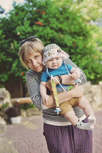 Woman Baby Son Her Hands — Stock Photo, Image