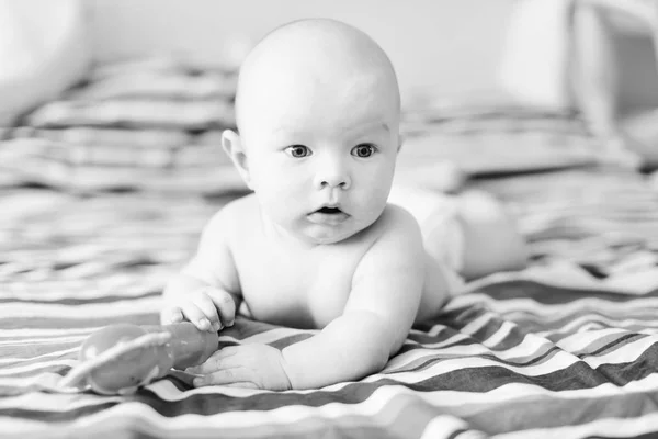 Baby Mit Spielzeug Liegt Auf Dem Bauch Schlafzimmer — Stockfoto