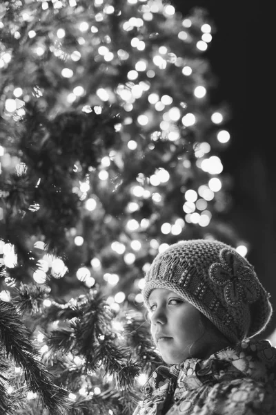 Little Girl Christmas Tree Evening — Stock Photo, Image
