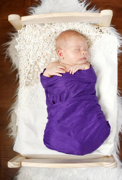 Sweet Newborn Baby Sleeping Little Bed — стоковое фото