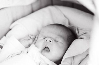 Esneme yeni doğan bebeğin karyolasında yatıyor