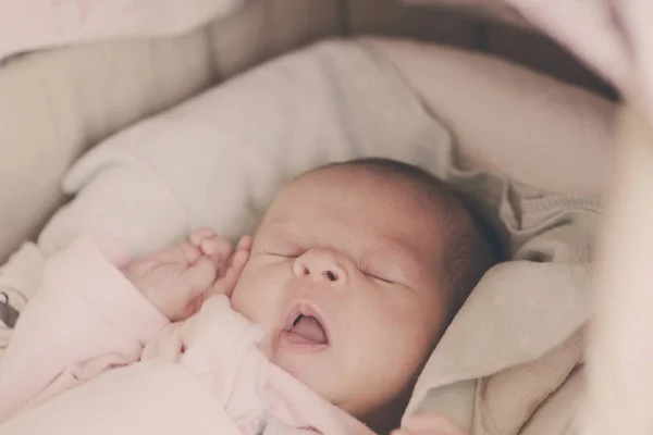 Yawning Newborn Baby Laying Crib — Stock Photo, Image