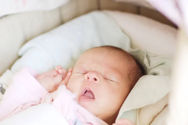 Yawning Newborn Baby Laying Crib — Stock Photo, Image